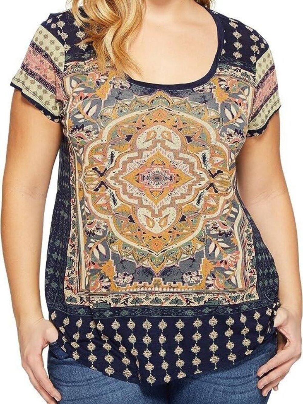 Lucky Brand Women's SS Top Persian Carpet Navy Multi Color Plus 1X NWT